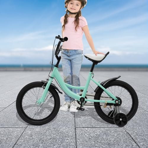 Qussse 16 Kinderfahrrad für Jungen Mädchen Kinder, Fahrrad ab 4-8 Jahre mit Hilfsrad Rad Bike Kinder Fahrräder Höhenverstellbar Kinderfahrräder (Grün)