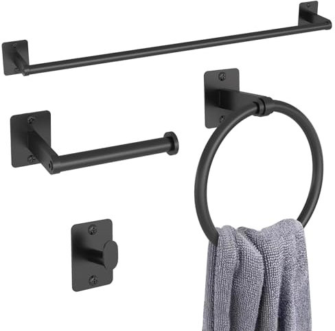 KLJKPA - Set di accessori da bagno nero opaco, 4 pezzi, barra portasciugamani da 61 cm, porta asciugamani per bagno, ganci per asciugamani, porta carta igienica da parete