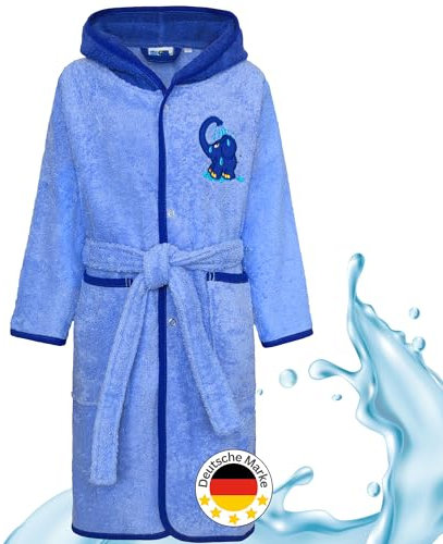 Smithy Kinder-Bademantel blauer Elefant aus der Sendung mit der Maus, 100% Baumwolle, made in Europe, Gr. 110/116