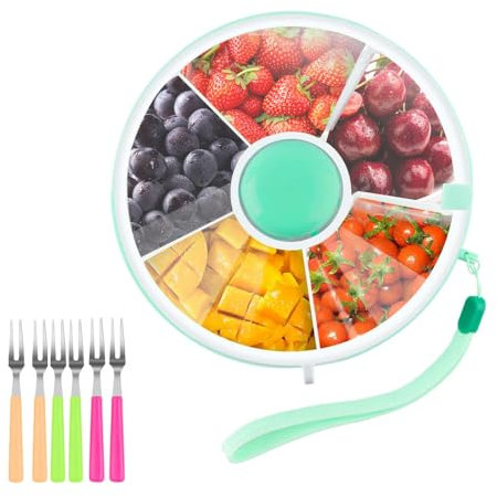 KUWUNG Snack Spinner, Snackbox mit Fächern, Snack Spinner Mit 6 kleinen Gabeln,Rotierende Aufbewahrung Kinder Melone Süßigkeiten Samen Organizer, Snack Aufbewahrungsbox mit Deckel,Snackteller kinder