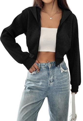GORGLITTER Damen Crop Hoodie Sweatshirt Sweatjacke Kapuzenpullover Langarm Kurz Hoodie Kapuzenjacke Cropped Jacke mit Zip Schwarz M