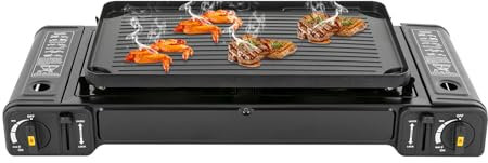 Réchaud à gaz de camping portable à 2 flammes avec plaque de cuisson butane Réchaud à gaz pour extérieur, pique-nique, barbecue (sans carburant)