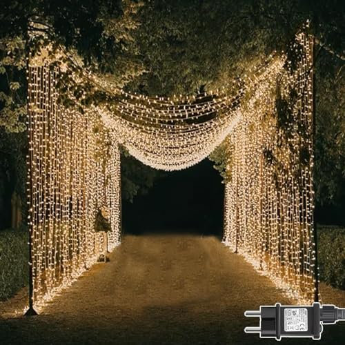 Dekofun Lichterketten Vorhang 300 LED 3m x 3m Lichtervorhang Aussen mit Stecker, Timer, 8 Modi Wasserdichte Lichterkette Gardine, Lichterkette Wand für Außen Innen Garten Fenster Hochzeit Deko