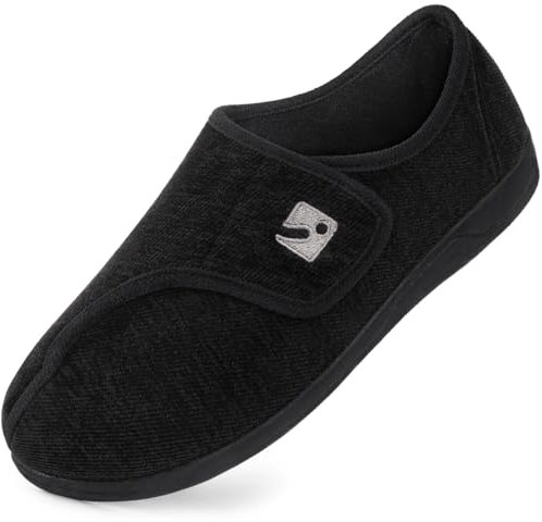HomeTop Men's Adjustable Chenille Slippers Wide Fit Soft Comfy Non Slip Indoor House Shoes Black, 9 UK,10 US