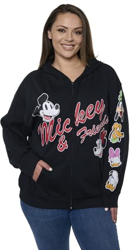 Disney Mickey Mouse Damen Zip Hoodie Schwarz Fleece Sweatshirt Daisy Goofy Donald Pluto