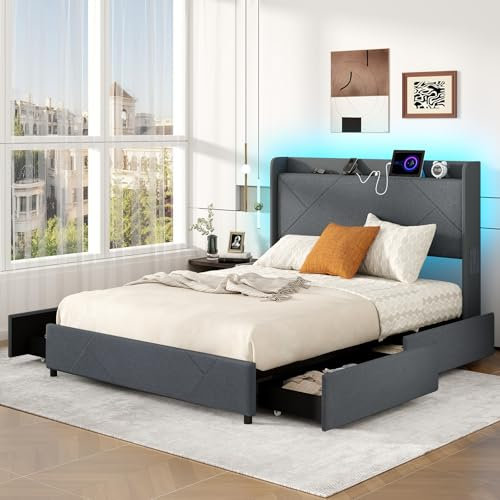 RELAX4LIFE Double/King Size Bed Frame with RGB LED Lights, Charging Station, Storage Headboard & 4 Sliding Drawers, 4FT6/5FT Upholstered Platform Bed, Wood Slat Support Mattress Base (Grey, King 5FT)
