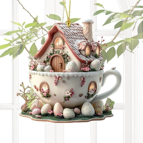 Aceirropy Osterdekoration zum Aufhängen, Kaffeetasse, Haus, Osterei, niedliches dekoratives hängbares Ornament – 2D-Acryl, flach, hängbar, Osterschmuck für Baumschmuck