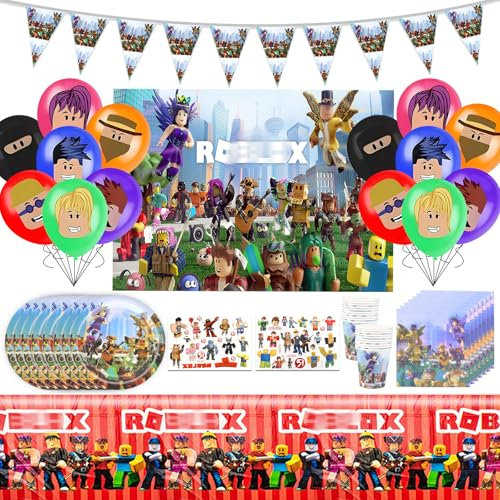 59Pcs Robl Kindergeburtstag Geschirr Deko Kinder- Geburtstag Partygeschirr Luftballon Balloon Happy Birthday Banner Geburtstagsdeko Girlande Pappteller Tattoo Aufkleber Party Supplies für 10 Gäste