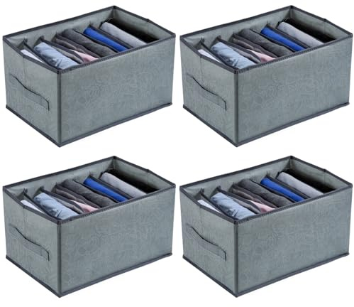 Mangata Faltbare Schrank Organizer mit Atmungsaktiv Fächern, Eingebauter Pappe Verstärkt und Tragegriff, 7 Staufächer, Schubladen Ordnungssystem für Jeans, Hosen, Kleidung, 4 Stück