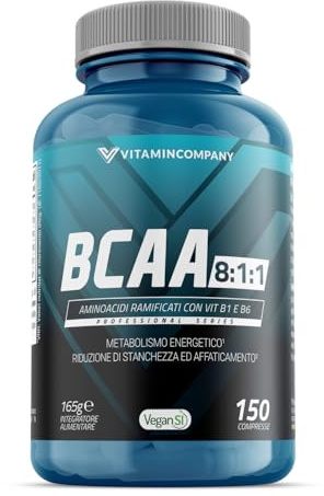VitaminCompany - BCAA 8:1:1 - Aminoacidi Ramificati BCAA 8:1:1, 1 Grammo per Compressa, con Vitamina B1 e Vitamina B6, Recupero e Ricostruz
