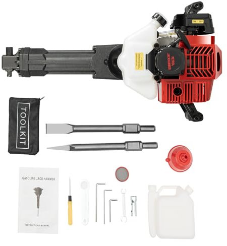 Benzin Abbruchhammer,52CC 2-Takt Stemmhammer Meißelhammer,Hand-Zug-Start,2,5PS,6500rpm, 20-55 J,Bohrhammer, Betonbrecher Lochbohrer mit Spitzmeißel, Flachmeißel & Werkzeug