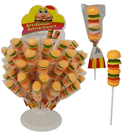 Spiedino Burger Gummy Espositore da 60 Spiedini di Mini Burger Gommosi Incartati Singolarmente