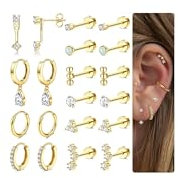 Roheafer Juego de aretes hipoalergénicos de oro para cartílago de 20 g, aretes de acero inoxidable quirúrgico para mujer, aretes de aro pequeños con parte trasera plana, Acero inoxidable, Circonia