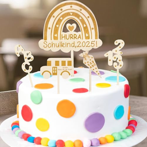 Tortendeko Einschulung Holz,Hurra Schulkind Regenbogen Cake Topper,Schultüte ABC 123 Schön Dass Du Da Bist Schulbus Kuchendeko,Schulkind Mädchen Junge Schulanfang Kuchen Deko