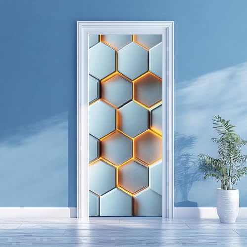 arricraft 2 Sheets Geometric Self-Adhesive Door Sticker, 80cmx200cm/31.5x78.7inch 3D Hexagon Pattern Door Murals Stickers PVC Removable Wallpaper Decoration for Bedrooms Living Room