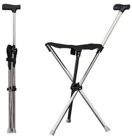 Gehstock mit Sitz, Sitzstock Faltbarer Hockerstock 80-90cm Höhenverstellbar Aid Stativ Krückenstuhl Stuhl Tragbarer 2-in-1 Dreieckiger Gehstock für Reisen Camping