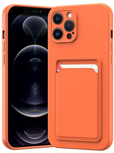 LVVFEI Coque iPhone 12 Pro Max 6,7 Pouces avec Porte-Cartes, Coque Silicone TPU Anti-Choc Intégrée, Housse avec Fente pour Carte Finition Mate, Orange