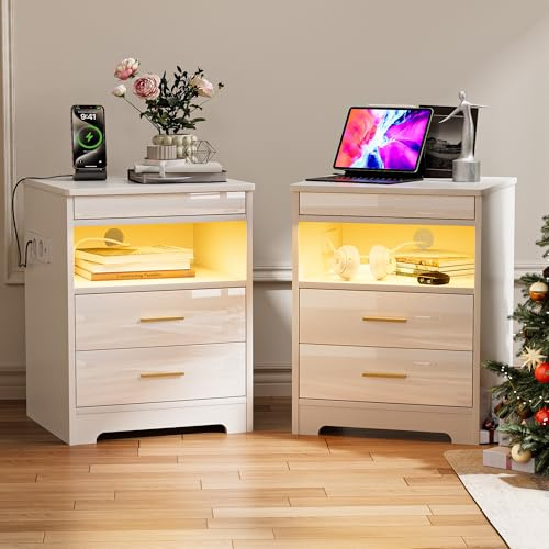 Nachttisch 2er set mit 2AC-Steckdose/ 2 USB-Anschlüsse & RGB LED-Beleuchtung, Nachtkästchen mit 2 Schubladen & 1 Ausziehrega & 1 offene Partition, für Schlaf & Wohnzimmer(45 x 40 x 58 cm, 2 Weiß)