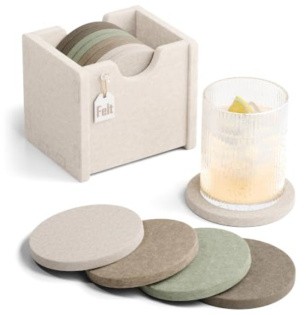 Fluxynara Felt Drink Coasters with Holder, Round, Set of 8, Linen Dusk