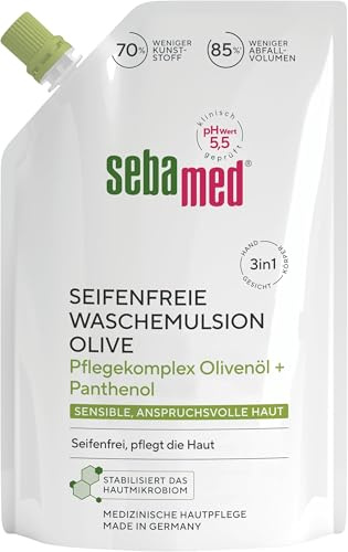Sebamed seifenfreie Waschemulsion Olive Nachfüllbeutel 400 ml, Pflegekomplex mit Olivenöl und Panthenol, seifenfreie Reinigung für sensible Haut, zur Hand-, Gesichts- und Körperreinigung geeignet