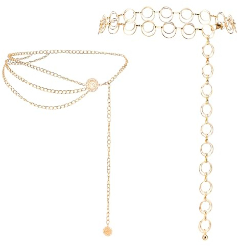 ZUIMEIHQH 2PCS Gold Chain Belt, Chain Belts for Women Adjustable Hollow Out Fashion Waist Belt Chain for Dresses Jeans Daily Party Wear