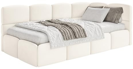 Selsey Jugendbett 120x200cm Creme gepolstert mit Stauraum und Lattenrost, Polsterbett Jugendbett rechtsseitig mit Bettkasten, Kinderbett mit Eckkopfteil, Bett für Jugendzimmer