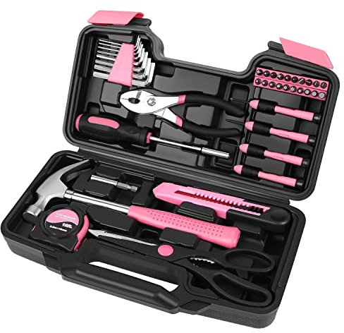Flexzion Werkzeugset Box – Handwerkzeug-Set & Zubehör für allgemeine Haushaltsreparaturen mit Kunststoff-Werkzeugkasten-Aufbewahrungskoffer – Hausbesitzer-Werkzeugset (Rosa & Schwarz)