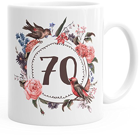 MoonWorks Geburtstags-Tasse 70 siebzig Geschenk-Tasse Kaffee-Tasse Blumen Blüten Blumenkranz weiß Unisize