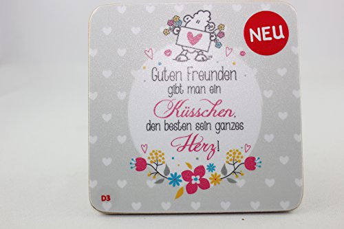 Sheepworld - 45453 - Untersetzer Nr. D3, Schaf, Guten Freunden gibt Man EIN Küsschen, den besten Sein ganzes Herz!, Kork, 9,5cm x 9,5cm