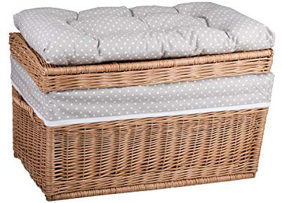 e-wicker24 Baule in Vimini Cassapanca Vintage Fatto a Mano Cesta Vimini con Coperchio Cesta Baule da Interno Cesta Contenitore Vimini Cassapanca in Vimini (60 x 39 H39, naturale/pois beige)