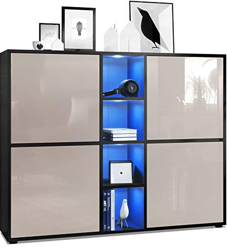 Vladon Highboard Cuba V3, Made in Germany, Schwarz matt/Sandgrau Hochglanz inkl. LED - Moderne Anrichte mit 12 Fächern (130,5 x 105,5 x 35,5 cm)