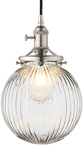 Yosoan Vintage Edison Switch Pendant Light Fiting with Ribbed Globe Glass Shade, Industrial Pendant Light Fitting Chandelier for Kitchen Dining Room Bedroom Restaurant (Brushed)