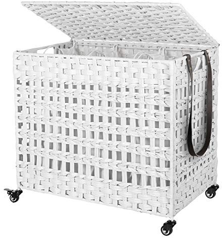 SONGMICS Wäschekorb, handgewebt, Wäschekorb, Rattanoptik, mobil, 3 Sortierfächer, Deckel, Griffe, abnehmbare Taschen, Wohnzimmer, Badezimmer, Waschküche, Weiß LCB083W01