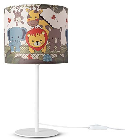 Paco Home Tischlampe Kinderzimmer Nachtisch Lampe Stoffschirm Rund Dschungel Tiere Junge Mädchen E27 Zoo Mit Stecker