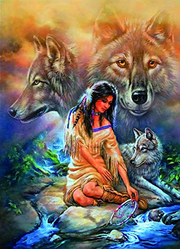 MYKJpuzzle Erwachsene Puzzle Kinder Holz Spiels - Wolf and Indian Women by The River - 1000 Teile Jigsaw Puzzle-Einzigartiges Geschenk