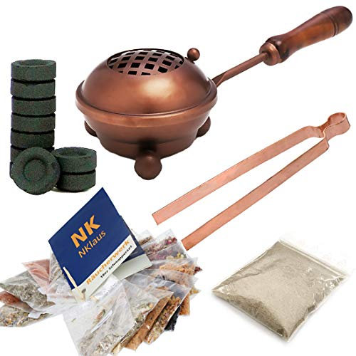 NKlaus Räucherpfanne Set 23tlg. mit Weihrauchmischung Kräuter Räucherzange Räucherkohle 40606