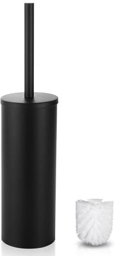 Gricol Toilettenbürste Klobürste mit Behälter aus Edelstahl mit Spritzschutz für Hände WC Bürste mit Ersatzbürste Schwarz