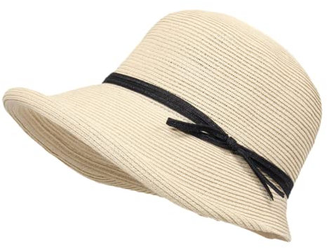 Damen Sonnenhut mit breiter Krempe, elegant, strukturiert, gebogen, Fedora-Schlapphut, Strandhut, LSF 50+, Beige, Medium