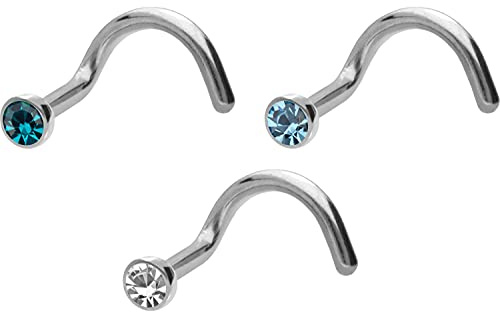 PIERCINGLINE 3er SET Titan Nasenpiercing Spirale flache Kristalldisc Nostril Piercing Nase Stecker