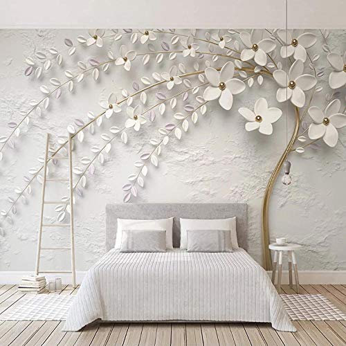 YXTSmurals Papier Peint Mural 3D Blanc Mode Arbres Fleurs Papier Peint Intissé Trompe L'Oeil Tapisserie Photo Auto-Adhésif Poster Tableaux Muraux Décoration Murale
