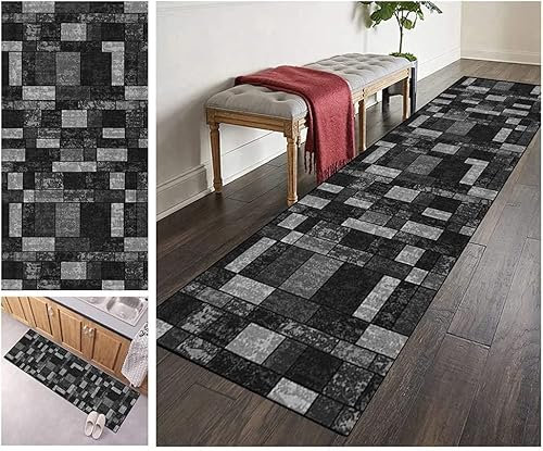 ZVEZVI Teppich Läufer Flur Küche Grau und Schwarz Geometrische Muster 50x280cm Modern rutschfest Waschbar Vintage Kücheläufer Teppichläufer Polyester Meterware Anpassbar