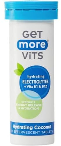 Get More Vits - Hydrating Coconut Effervescent Tablets (Pack of 10), Electrolytes, Vitamins B1 & B12, Supports Energy Release, Sodium, Potassium & Magnesium, Sugar-Free, Low-Calorie, Natural Flavours