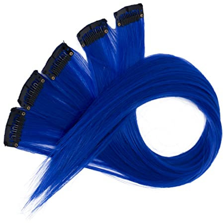 CAISHA 5 Teile Set 60cm Bunte Strähne Strähnchen Clip in Extension Haarverlängerung Glatt Langhaar Haarteil Royalblau BST111