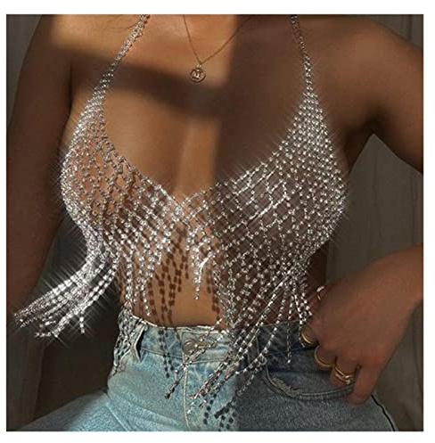 ZZSRJ Mesh Body Strap Breast Chain Bra Top Rhinestone Crystal Lingerie Bikini Sexy Body Jewelry Women's (Main Stone Color : Gold, Metal color : T-1)