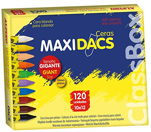 Maxidacs Alpino formato escolar 120 ceras | Ceras de colores para Niños | Ceras Formato escolar | Cera de pintado suave y cubriente | Estuche de ceras blandas y colores vivos | Ceras Semiblandas