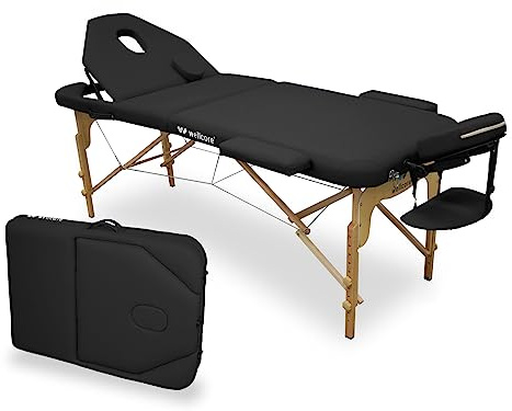 WELLCORE Faltbare Massageliege aus Holz, mit aufklappbarer Rückenlehne, Plus, 185 x 65 cm, Kunstleder, höhenverstellbar, Abnehmbarer Kopf, Gesichtsloch, Schwarz, bis 225 kg