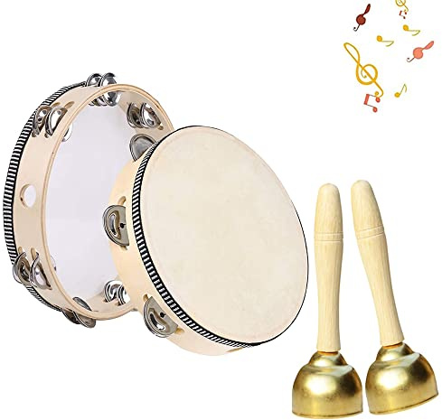 4 Stück Tamburin Trommel, Tamburin Holz, Handheld Tamburin, Handtrommel Percussion, mit Glöckchen, für KTV, Party, Schule, Erwachsene, Geschenk, Gesangsbegleitung