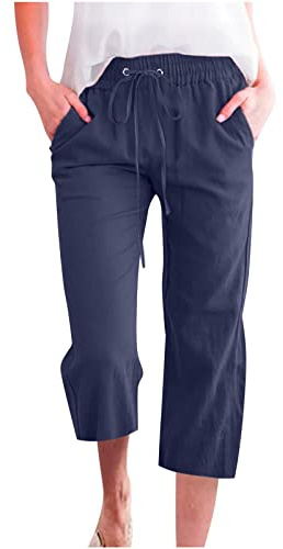 oglccg Womens Capris Trousers 3/4 Pants Cotton Linen Elastic High Waist Cropped Pants Drawstring Summer Autumn Solid Color Pockets Loose Pants Straight Wide Leg Trousers Plus Size 8-18 Navy, 3XL