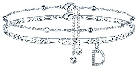 TINGN Fussketten für frauen, Silber Fußkettchen für Damen Fußkettchen mit CZ Buchstaben D Doppelte Fußketten Damen Kinder Personalisierte Geschenk Schmuck Sommer Stand Geschenke für frauen