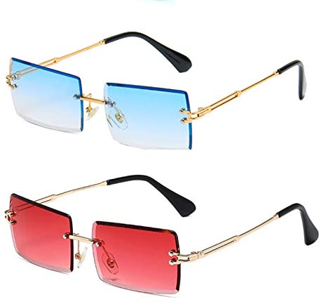 YUELUQU Retro Rahmenlose Sonnenbrille für Damen Herren Mode Retro Rechteck Brille Quadratische durchsichtige Sonnenbrille (B-blau+rot)